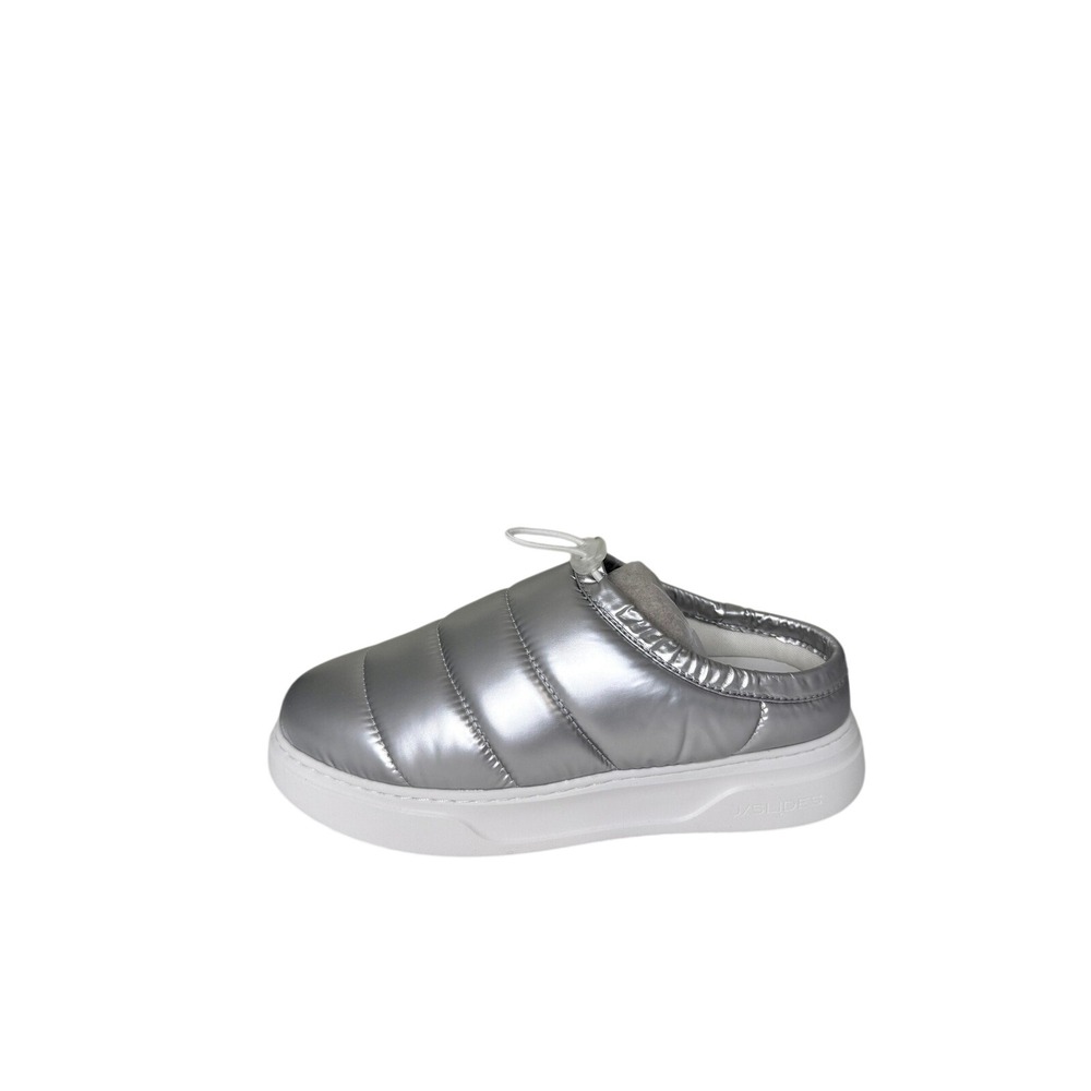 J/Slides NYC Coco Silver Nylon Puffer‎ Mules Platform Slip On Womens 6M NIB